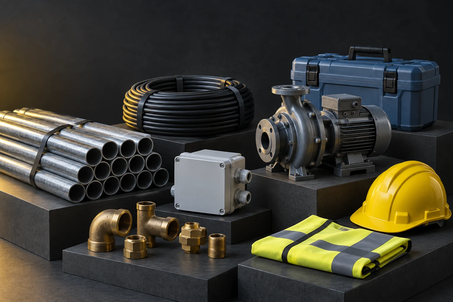 Illustration of industrial materials, components, tools and protective equipment
