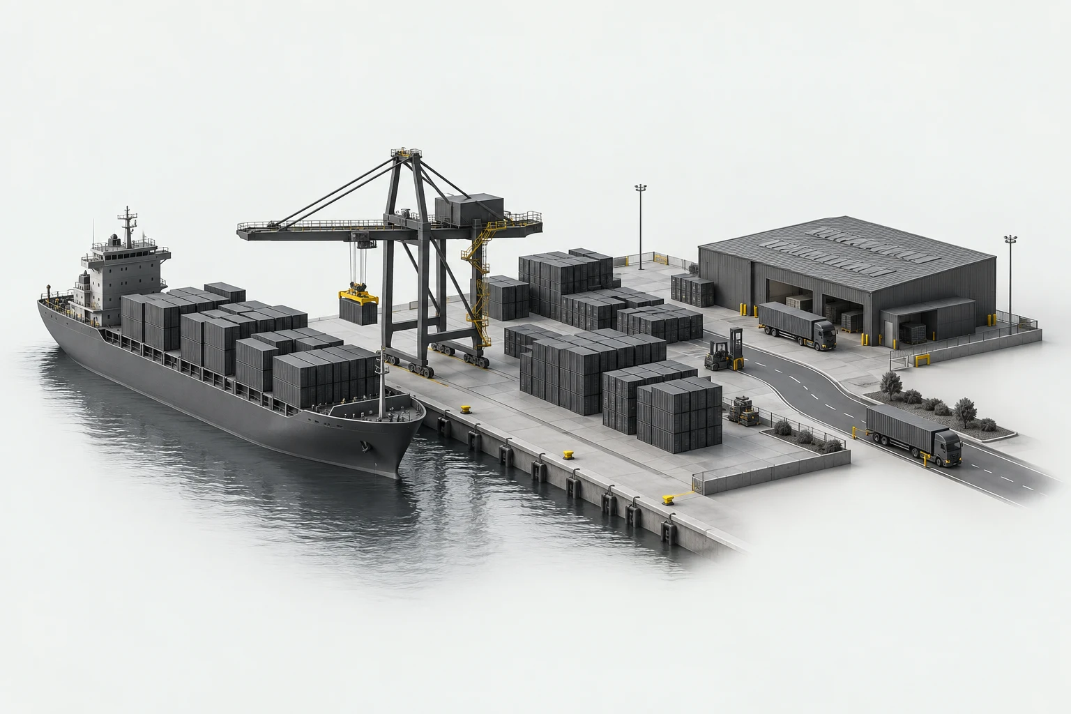 Concept illustration of import and export through a container port